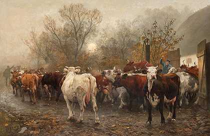 把牛赶出农场`Driving Cows out of the Farmyard by Otto Bache