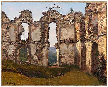 瑞典琼平附近的布拉胡斯遗址。学习`The Ruins of Brahehus near Jönköping, Sweden. Study by Frederik Sødring