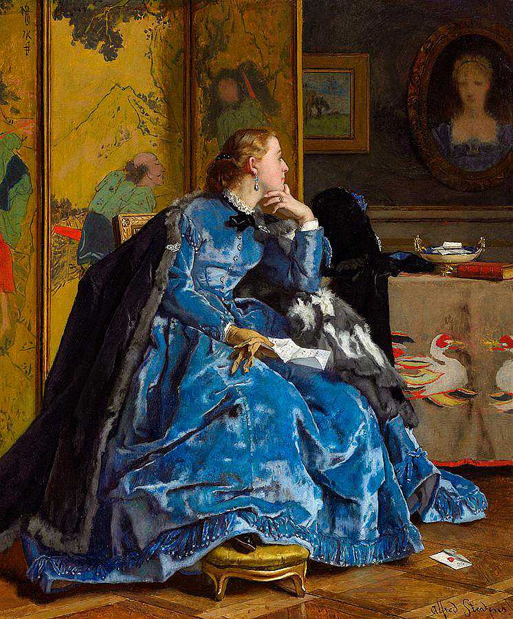 公爵夫人，蓝色连衣裙`A Duchess, the Blue Dress by Alfred Stevens