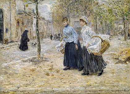 两个洗衣女工穿过巴黎的一个小公园`Two Washerwomen Crossing a Small Park in Paris by Jean-Francois Rafaelli