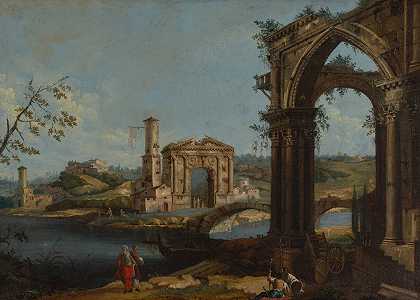 意大利废墟场景`Italian Scene with Ruins (1700) by Gaetano Vetturali