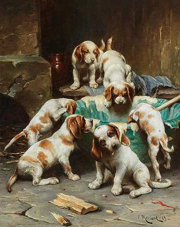 小猎犬在大吃大喝`Beagle Puppies Feasting by Carl Reichart