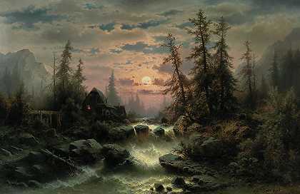 月光下的山涧`Mountain Stream in the Moonlight by Albert Rieger