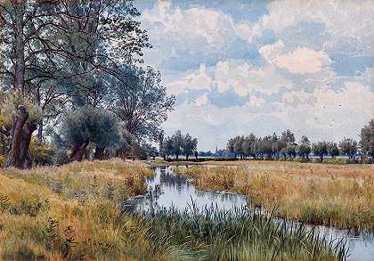 亨廷顿郡圣艾夫斯附近的河流景观`River Landscape near St. Ives, Huntingdonshire by William Fraser Garden