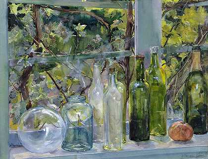 窗台上有瓶子、玻璃球和苹果`Windowsill with Bottles, a Glass Globe and an Apple by Menso Onnes