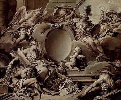 一个关于密涅瓦、名声、历史和信仰的寓言，克服了无知和时间`An Allegory of Minerva, Fame, History and Faith Overcoming Ignorance and Time (circa 1727) by François Boucher