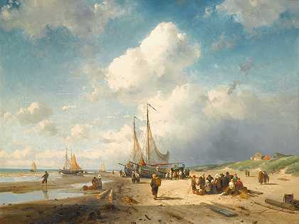渔猎海岸风光`Coastal Scene With Fisherfolk (1855) by Charles Leickert
