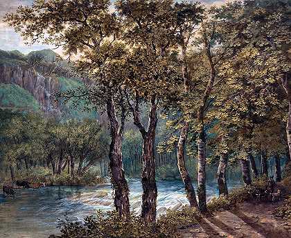 阳光透过西尔河沿岸的树木`Sunlight Filtering through the Trees along the River Sihl by Conrad Gessner