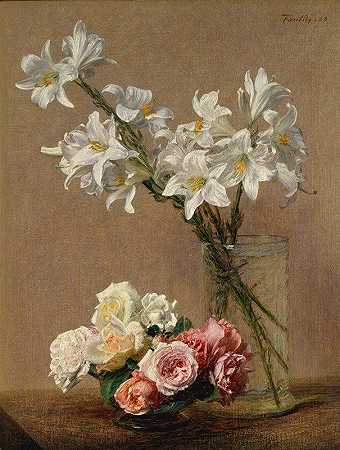 玫瑰和百合`Roses and Lilies (1888) by Henri Fantin-Latour