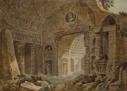 罗马废墟的建筑幻想`Architectural Fantasy with Roman Ruins by Charles Louis Clérisseau