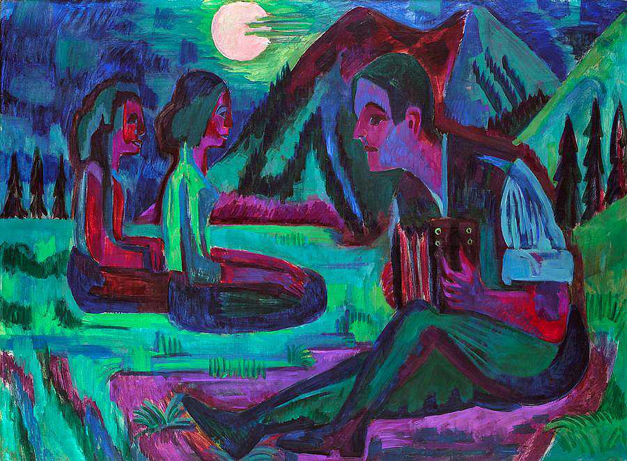 月夜，月光下的手风琴手`Night Moon, Accordion Player by Moonlight by Ernst Ludwig Kirchner
