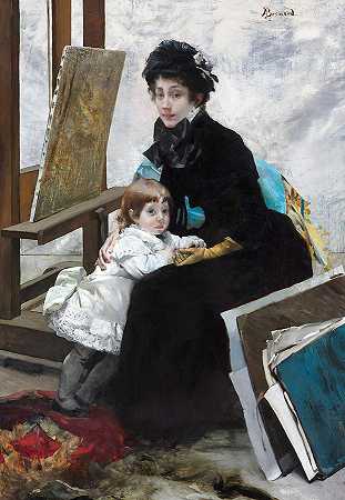 马德琳·勒罗尔和她的女儿伊冯`Madeleine Lerolle and Her Daughter Yvonne by Albert Besnard