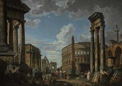 罗马废墟中有人物的建筑随想曲`An architectural capriccio with figures among Roman ruins by Giovanni Paolo Panini