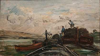 河上的驳船`Barges on a River by Charles François Daubigny
