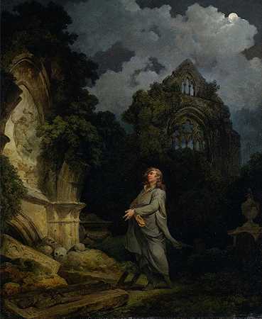 月光下教堂墓地的访客`Visitor to a Moonlit Churchyard by Philippe-Jacques de Loutherbourg