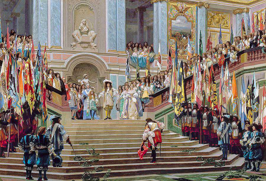 1674年，路易十四在凡尔赛宫接待了《大孔德》`Reception of Le Grand Conde by Louis XIV at Versailles in 1674 by Jean-Leon Gerome
