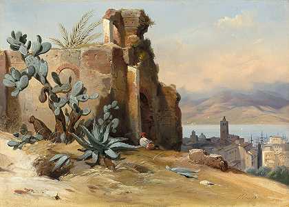 西西里岛墨西拿附近的古代遗迹`Ancient Ruins near Messina,Sicily (1842) by Jean-Charles Joseph Rémond