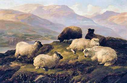 在高地上休息的羊`Sheep Resting in a Highland Landscape by Thomas Sidney Cooper