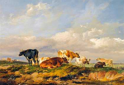 肯特草地上的牛`Cattle in a Kent Meadow by Thomas Sidney Cooper