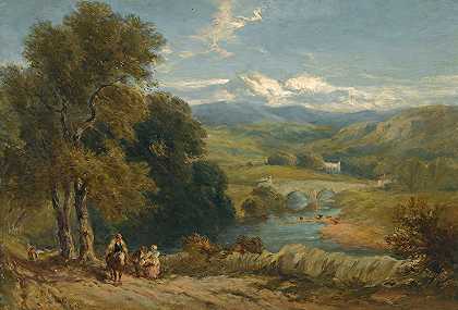 约克郡博尔顿修道院和河码头的远景`Landscape With A Distant View Of Bolton Abbey, Yorkshire, And The River Wharfe (1848) by David Cox