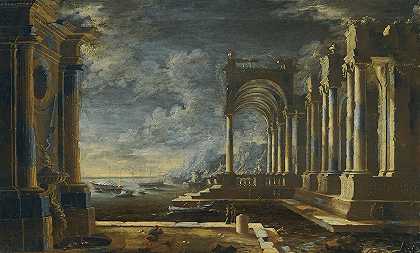 海上喷泉的经典遗迹`Classic Ruins With Fountain On The Sea by Leonardo Coccorante