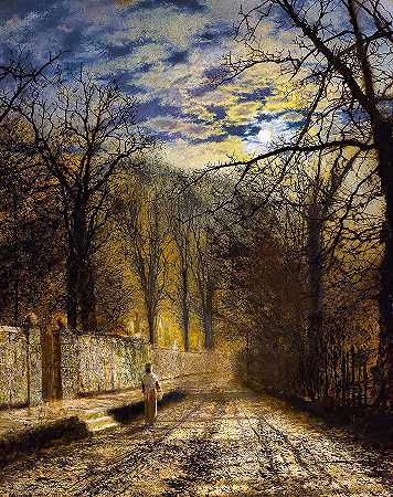 月光下的街道`A Moonlit Street by John Atkinson Grimshaw