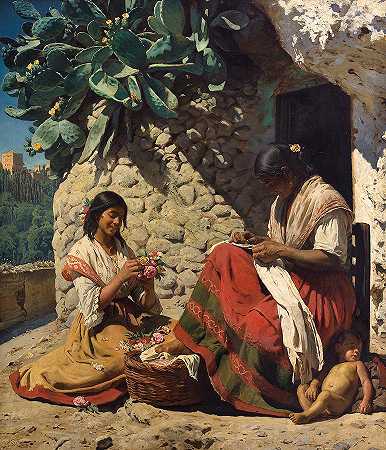 两个吉普赛女人在他们的小屋外`Two Gypsy Women Outside their Cottage by Peder Severin Kroyer
