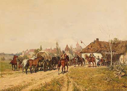 在城门返回的军队`Heimkehrende Truppen vor den Toren der Stadt (Ca. 1880~90) by Wilhelm Velten