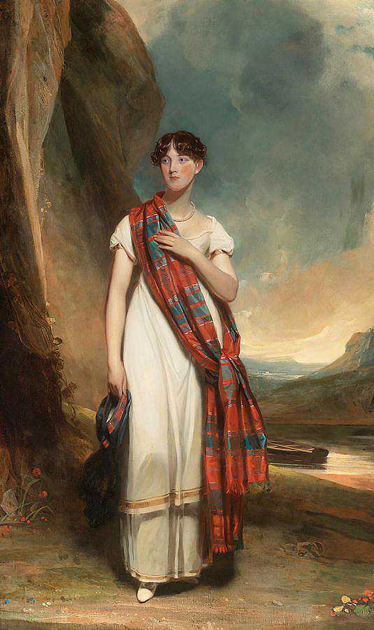 风景画中一位身穿格子花呢的女士的肖像`Portrait of a Lady Wearing Plaid in a Landscape by John Watson Gordon