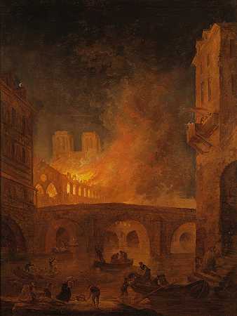 巴黎迪厄之火`The Fire of Hôtel~Dieu in Paris (1772) by Hubert Robert