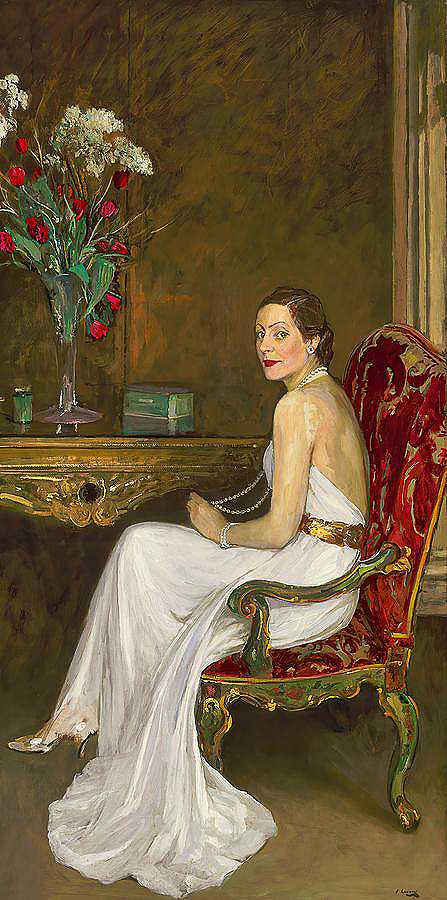 穿白衣服的女士，温伯恩子爵夫人`The Lady in White, Viscountess Wimborne by John Lavery
