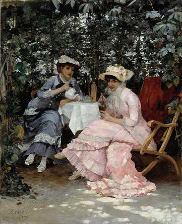 坐在凉亭下`Sitting under the Arbour (1880) by Hugo Birger