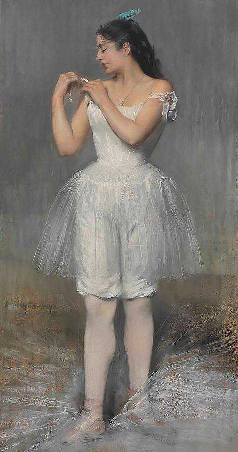 芭蕾舞女演员调整肩带`Ballerina Adjusting her Shoulder Strap by Pierre Carrier-Belluse