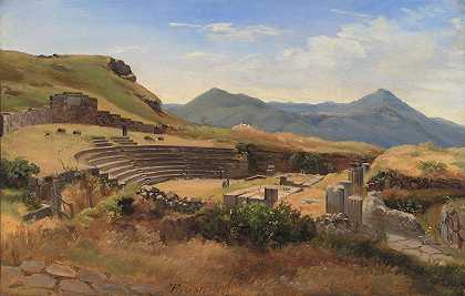 意大利塔斯库伦古董剧院遗址`The Ruins of the Antique Theatre at Tusculum, Italy (1848) by Thorald Brendstrup