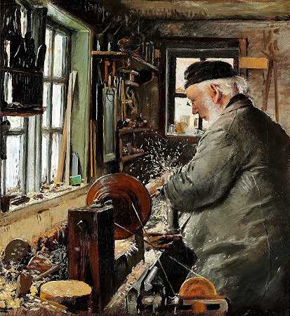 一个车工坐在他的回转台上`En Drejer ved sin Drejebænk (1890) by L.A. Ring