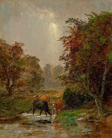 牛`Cattle by a Stream (1895) by a Stream by Jasper Francis Cropsey