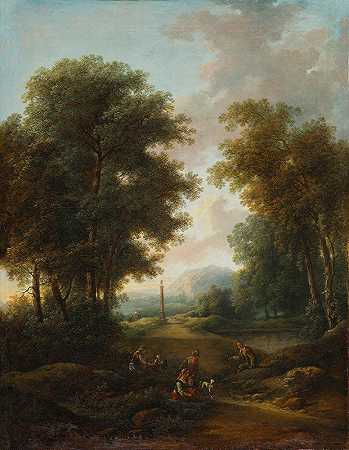 有神社的森林景观`Waldlandschaft mit Bildstock (1750) by Christian Hilfgott Brand
