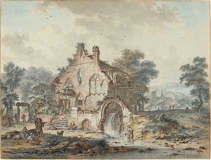哥特式废墟中的乡村水车`Rustic Watermill in a Gothic Ruin (1778) by Hendrik de Meyer II