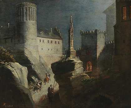 接近浪漫城堡的骑手`Riders Approaching a Romantic Castle (1815) by Ludwig Kohl