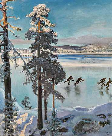 鲁瓦西湖的滑冰者`Skaters of Lake Ruovesi by Aksell Gallen-Kallela