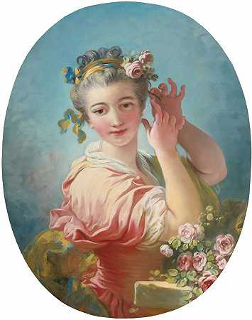 一位年轻女子用一束玫瑰花装饰着她的粉状发型`A Young Woman Adorning Her Powdered Coiffure With a Spray of Roses by Jean-Honoré Fragonard