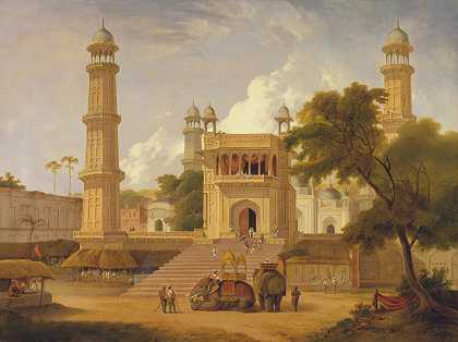 印度寺庙，据说是穆特拉Abo ul Nabi的清真寺`Indian Temple, Said to Be the Mosque of Abo~ul~Nabi, Muttra (1827) by Thomas Daniell