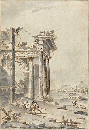 海岸上古典遗迹的随想曲`Capriccio of Classical Ruins on a Shore by Giacomo Guardi
