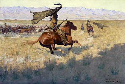 所有权变更——踩踏、盗马`Change of Ownership – The Stampede, Horse Thieves by Frederic Remington