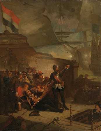 马尔滕·哈珀茨。特朗普瀑布，安诺1653`Maarten Harpertsz. Tromp sneuvelt, Anno 1653 (1860) by Paul Tetar van Elven