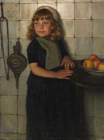 拿苹果的女孩`Mädchen mit Äpfeln (1880) by Paul Hoecker