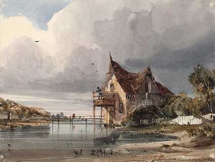 一条河和有白色栅栏的小屋`A River and Cottage with White Paling (1833) by Thomas Shotter Boys