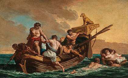 水手们正在营救一个在海上漂流的小男孩`Mariners rescuing a young boy adrift at sea in a basket by Giovanni Paolo Panini