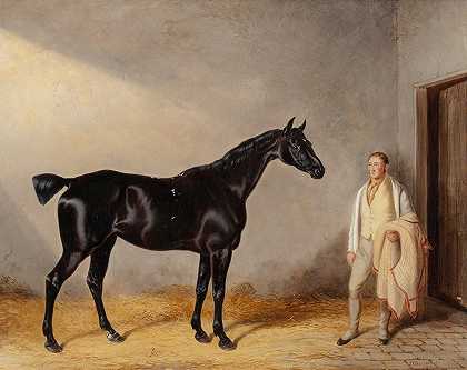 一个黑暗的海湾猎人和马厩里的新郎`A dark bay hunter with a groom in a stable (1833) by William Barraud