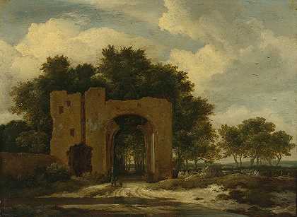 一个被毁坏的城堡大门，可能是Huis Ter Kleef的拱门`A Ruined Castle Gateway, Possibly The Archway Of Huis Ter Kleef by Jacob van Ruisdael